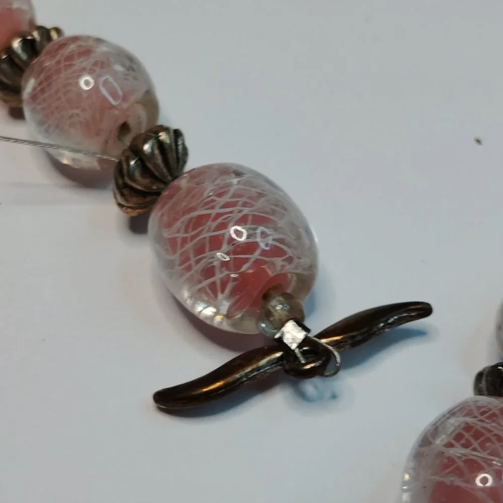 Artisan Made Vintage Pink Glass Bead Necklace Filigree Heart Dangle 19